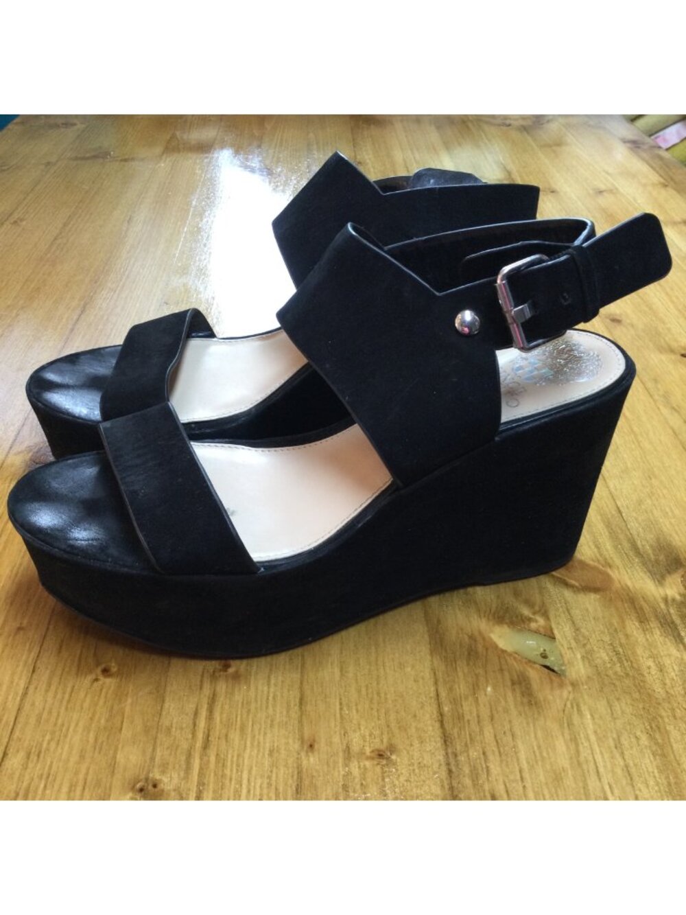 Vince Camuto Black Suede Wedge Sandals With Adjustable Buckle Strap Womens 8